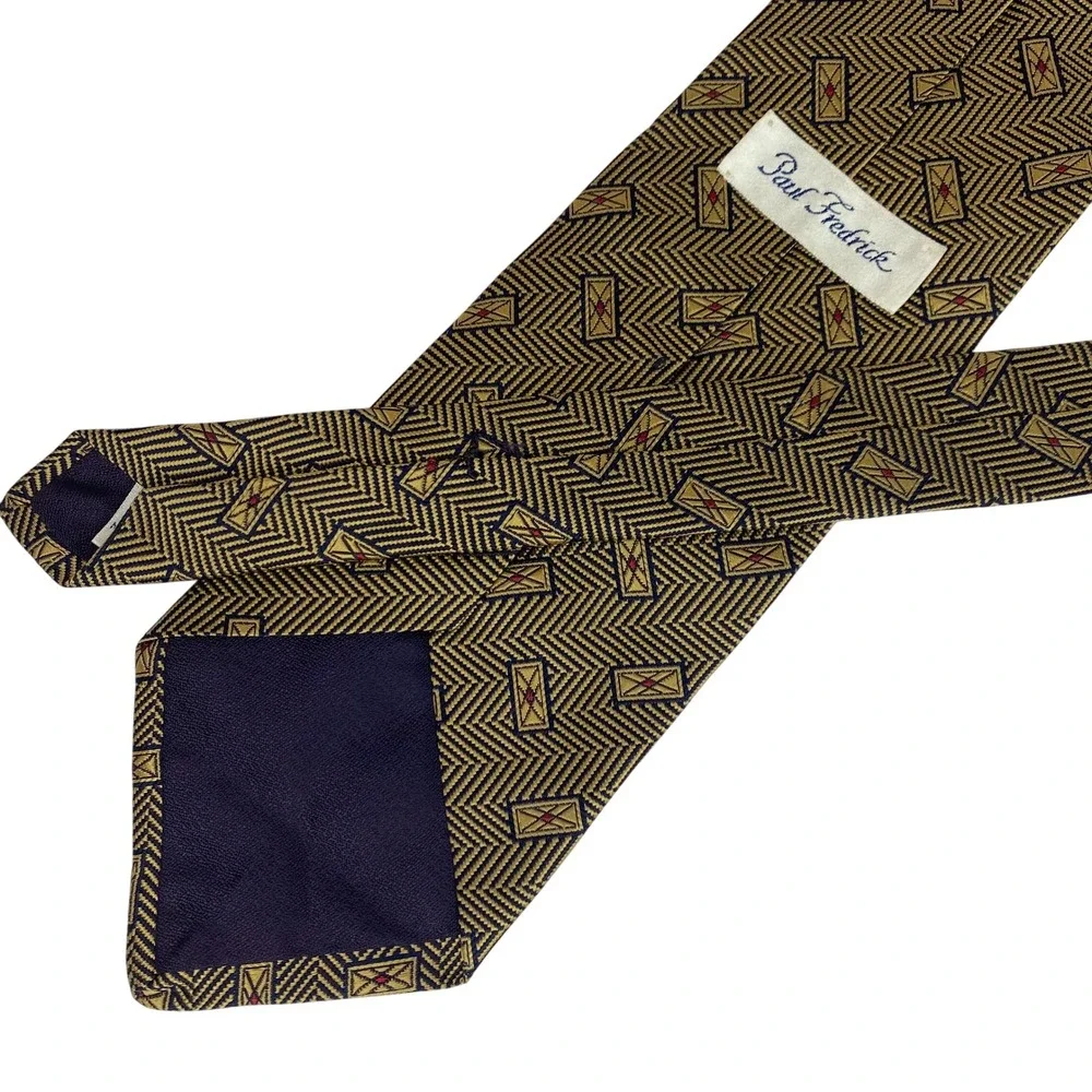 PAUL FREDRICK Mens Silk Necktie Navy Gold Geometric‎ Rectangles 57